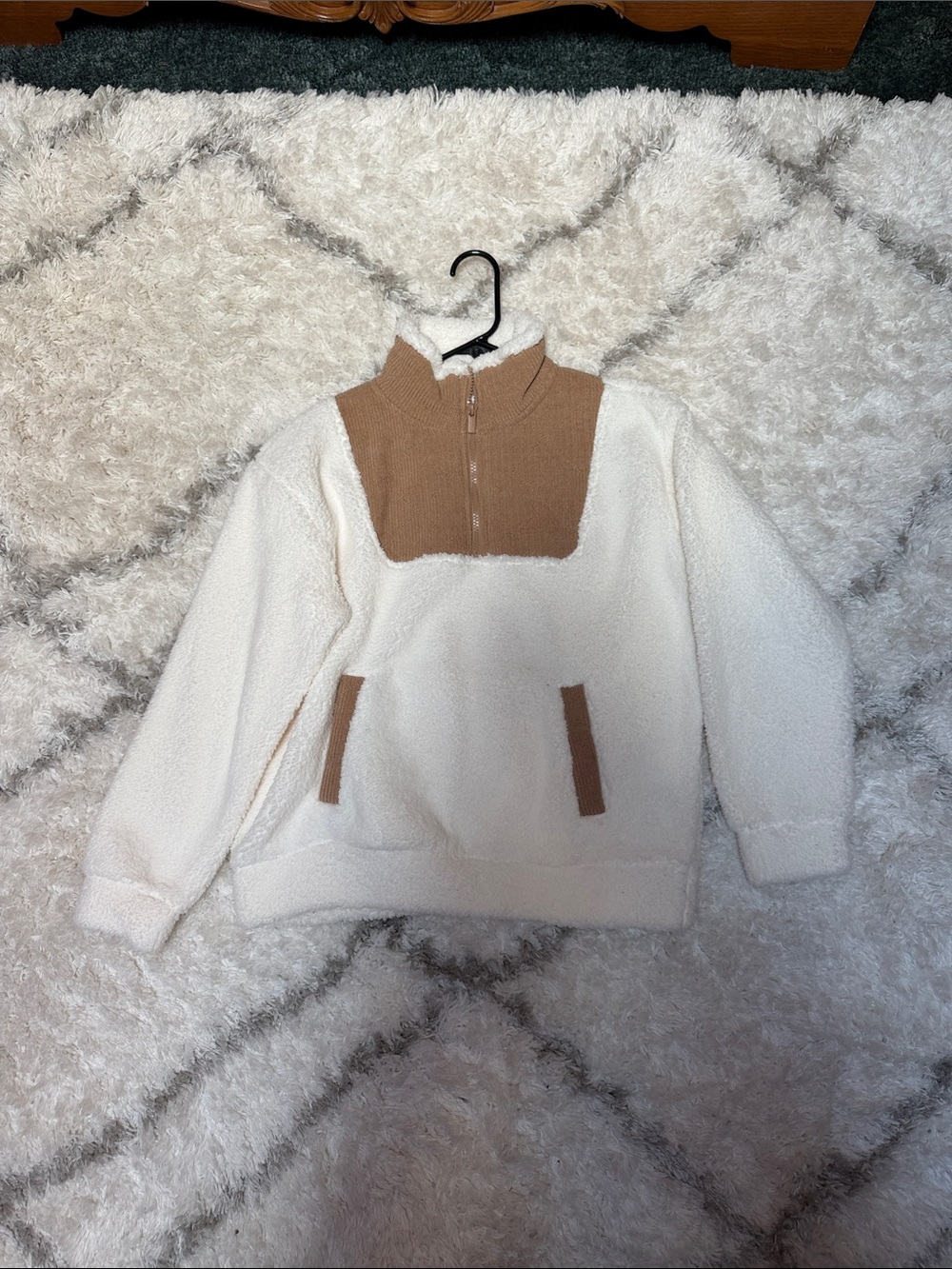 Time and Tru Cream Sherpa Pullover with Tan Accents